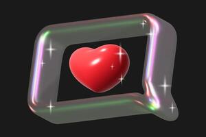3D speech bubble with liquid metal texture. Metal chrome frame with red heart, like, review, social networks. vector