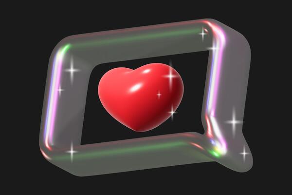 3D speech bubble with liquid metal texture. Metal chrome frame with red heart, like, review, social networks.