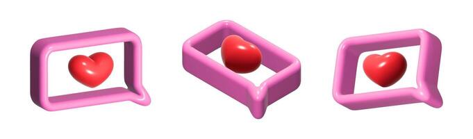 Set of 3D speech bubbles with pink plastic texture. Playful frame with red heart, like, review, social networks. vector