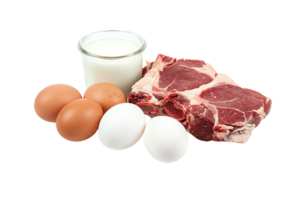 beef, chicken meat, milk, chicken eggs, side by side, livestock food and protein sources isolated on transparent background png