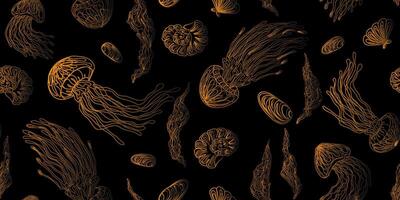 a seamless pattern of jellyfishs on a black background vector