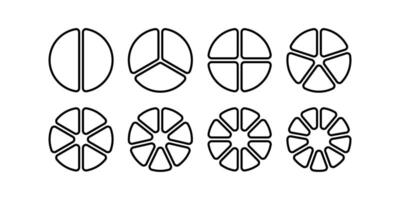 Circle division infographic icon set. Pie chart divided 7,8,9 equal parts. Outline ring donut round diagram. Infographic circular wheel fraction. illustration isolated on white background vector