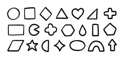 Doodle basic geometric shapes set. Hand drawn math figure icons collection. Doodle cute circle, square and triangle. Child drawing for learning games. illustration isolated on white background vector