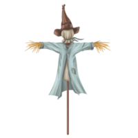 A scarecrow in a blue raincoat and hat. Halloween decoration of the yard and garden. Autumn festivals, rustic-style celebrations. Farm work, harvesting in the fields. Isolated digital illustrations png