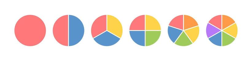 Circle division infographic icon set. Pie chart divided 4,5,6 equal parts. Color pizza or donut round diagram. Infographic wheel segment and fraction. illustration isolated on white background vector