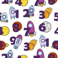 Seamless pattern of cartoon numbers and spaceships and planets vector