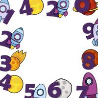 Square frame of cartoon numbers with space rockets, sun and planets vector