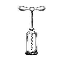 A corkscrew for wine. graphics, black and white hand-drawn illustration. Isolate on a white background. For packages and labels. For banners and posters. For restaurant and bar menus. vector