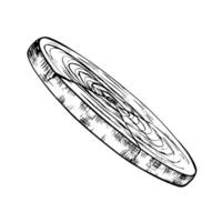 An empty cutting board with a round wooden surface for serving. Black and white graphics, illustration, hand-drawn and highlighted on a white background. vector