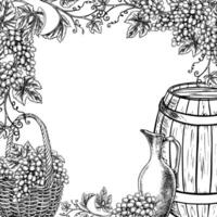 A frame with wine. Vines and bunches of grapes in a basket, a barrel and a jug of wine. graphics, black and white hand-drawn illustration on a white background. For packaging, labels, posters. vector