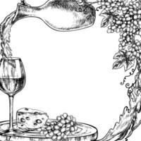 Wine glass with cheese and grapes. A graphic illustration drawn by hand. Isolate on a white background. An element of packaging and label design. For banners and posters. For restaurant and bar vector