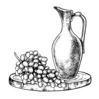 Grapes and a ceramic wine jug on a tray. graphics, black and white hand-drawn illustration. Isolate on a white background. Packaging and label design element For banner, flyer and postcard. vector