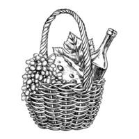 A wicker picnic basket, a bottle of wine, cheese and grapes. A graphic illustration drawn by hand. A holiday in nature. Isolate on a white background. For packages and labels., banners, posters vector