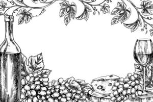 A frame with wine. Bunches of grapes, a bottle and a glass of wine. graphics, black and white hand-drawn illustration. On a white background. For packaging, label design. For banners, posters. vector