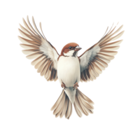 High-resolution image of four sparrows in various poses and flying, perfect for nature-themed projects and bird enthusiasts. png