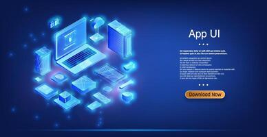 Digital interface design featuring laptop and app icons on a blue background vector