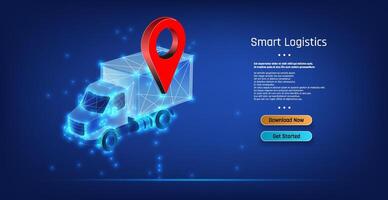 Digital representation of a logistics truck with a location pin, emphasizing smart tracking technology in transportation systems vector