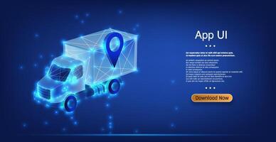 Digital representation of a delivery truck with navigation pin, showcasing app user interface vector