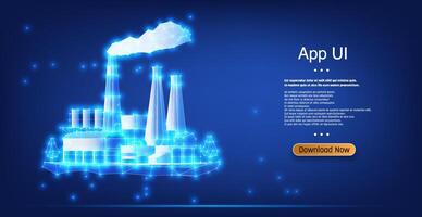Digital representation of a factory with smoke emissions and glowing effects on a blue background vector