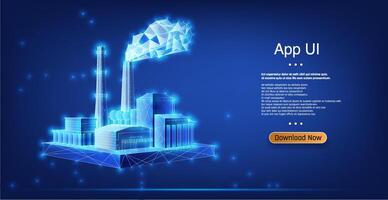 Digital illustration of a factory with a futuristic user interface design on a blue background vector
