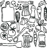 Set of elements in doodle style or sketches of kitchen utensils and items vector