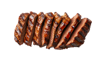 Grilled and sliced steak with a rich, caramelized glaze. Perfect for BBQ, dinner, or meal presentation. Juicy and tender meat perfection. png
