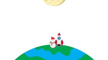 Snowman and his rocket want go to the moon, isolated in white background , suitable for christmas themes space adventure vector
