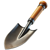 Close-up of a sturdy metal gardening trowel with a wooden handle, isolated on a white background, ideal for planting and digging tasks. png