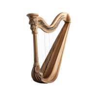 Elegant wooden harp with intricate carvings, showcasing art and craftsmanship. Ideal for music-themed projects and classical instrument collections. png