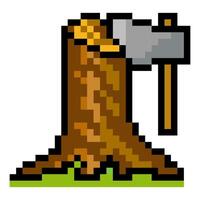 Tree stump with ax in pixel art style vector