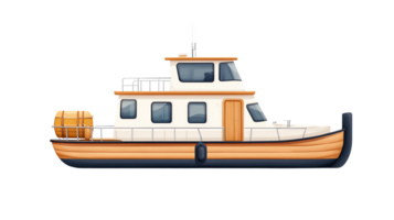 llustration of a houseboat with white exterior and wooden finish, featuring large windows, a lifebuoy, and decorative plants on deck png