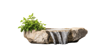 A serene, small waterfall cascading over moss-covered rocks surrounded by lush green ferns and plants in a tropical setting. png