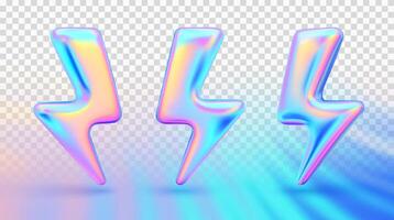 Lightning bolt. 3d set of thunder flash or electric energy power sign. Iridescent holographic colorful thunderbolt for warning, fast, discount concept. vector