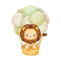 Watercolor Illustration cute baby lion in hot air balloon vector