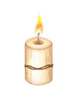 Rustic cylindrical burning candle tied with string watercolor illustration. Isolated from the background. The candle has a warm, natural tone and is perfect for adding a cozy touch to any design. png