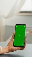 Caucasian female having online videocall using mock up green screen chroma key phone. Business woman working at online app using isolated device siiting on office desk in home office photo