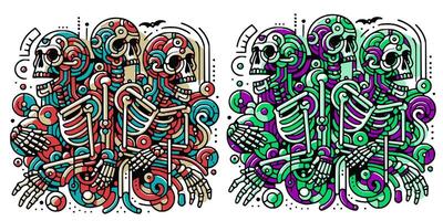 Abstract colorful graffiti background with skeleton characters. Colorful doodle illustration of skeleton vector