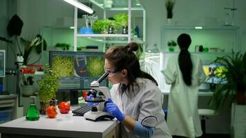 Slide view of chemist researcher analyzing gmo green leaf under medical microscope observing genetic mutation. Biologist scientist examining organic agriculture plants in microbiology scientific lab photo