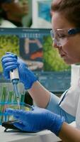Biologist researcher using micropipette and petri dish to discovering gmo solution. Scientist chemist woman analyzing medical expertise working in pharmaceutical laboratory photo
