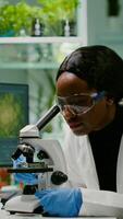 Slide view of biologist researcher analyzing gmo green leaf using medical microscope. Chemist scientist examining organic agriculture plants in microbiology scientific laboratory photo