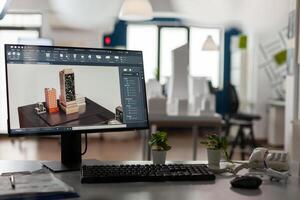 Computer display with 3d render software of architectural building complex in architect modern office. Desktop screen on desk showing urban planning architecture construction plans. photo