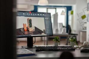 Desktop screen on architect desk showing model of urban planning architecture construction plans. Computer display with 3d render software of architectural building complex in modern office. photo