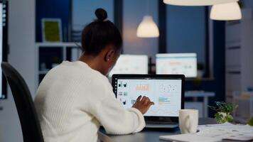 Black woman manager checking business statistics and financial reports on laptop working in start up office late at night. Focused employee doing overtime for job respecting deadline of project photo