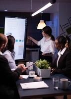 Executive manager woman explaining management statistics working at company strategy overtime in office meeting room. Diverse multi-ethnic businesspeople teamwork brainstorming ideas in evening. photo