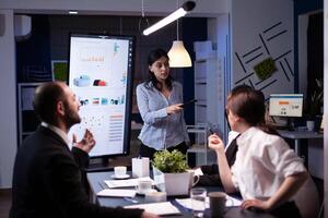 Workaholic businesswoman pointing financial strategy using monitor working overtime in company meeting office room. Diverse multi-ethnic teamwork overworked solving management statistics in evening photo