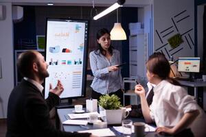 Workaholic businesswoman pointing financial strategy using monitor working overtime in company meeting office room. Diverse multi-ethnic teamwork overworked solving management statistics in evening photo