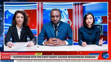 Superstorm events breaking news, expert show host and guests on live channel debating natural disaster worrying population. Diverse team of journalists reporting information from insane island storm. photo