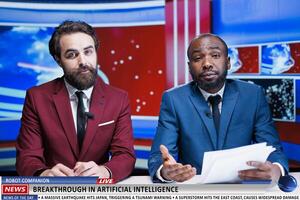 Diverse presenters of morning program cover recent developments, offers insight on artificial intelligence progress and IT industry. Newscasters presenting reportage on use of deep learning. photo