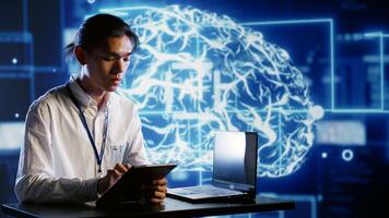 Skilled professional developing artificial intelligence neural networks architecture inspired by human brain. Qualified employee setting up AI machine learning algorithms in high tech startup photo