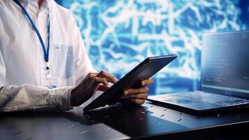 System administrator in data center, solving tasks on tablet while running programming scripts on laptop terminal. Experienced programmer manipulating lines of code for AI applications development photo